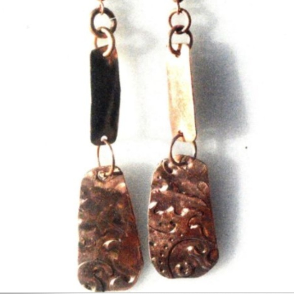 Solid Copper Dangle Earrings Rustic Statement Drop Handmade Boho Artisan Gift - Picture 3 of 3